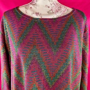 Metallic Vintage 80s 90s Chevron Knit Tunic Top Pink Sparkle 3X Holiday Glam‎